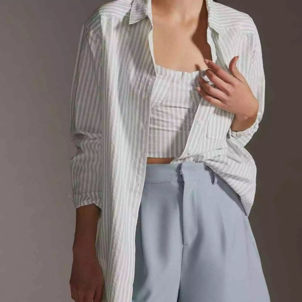 By Anthropologie striped textured oversized longline tunic button down shirt